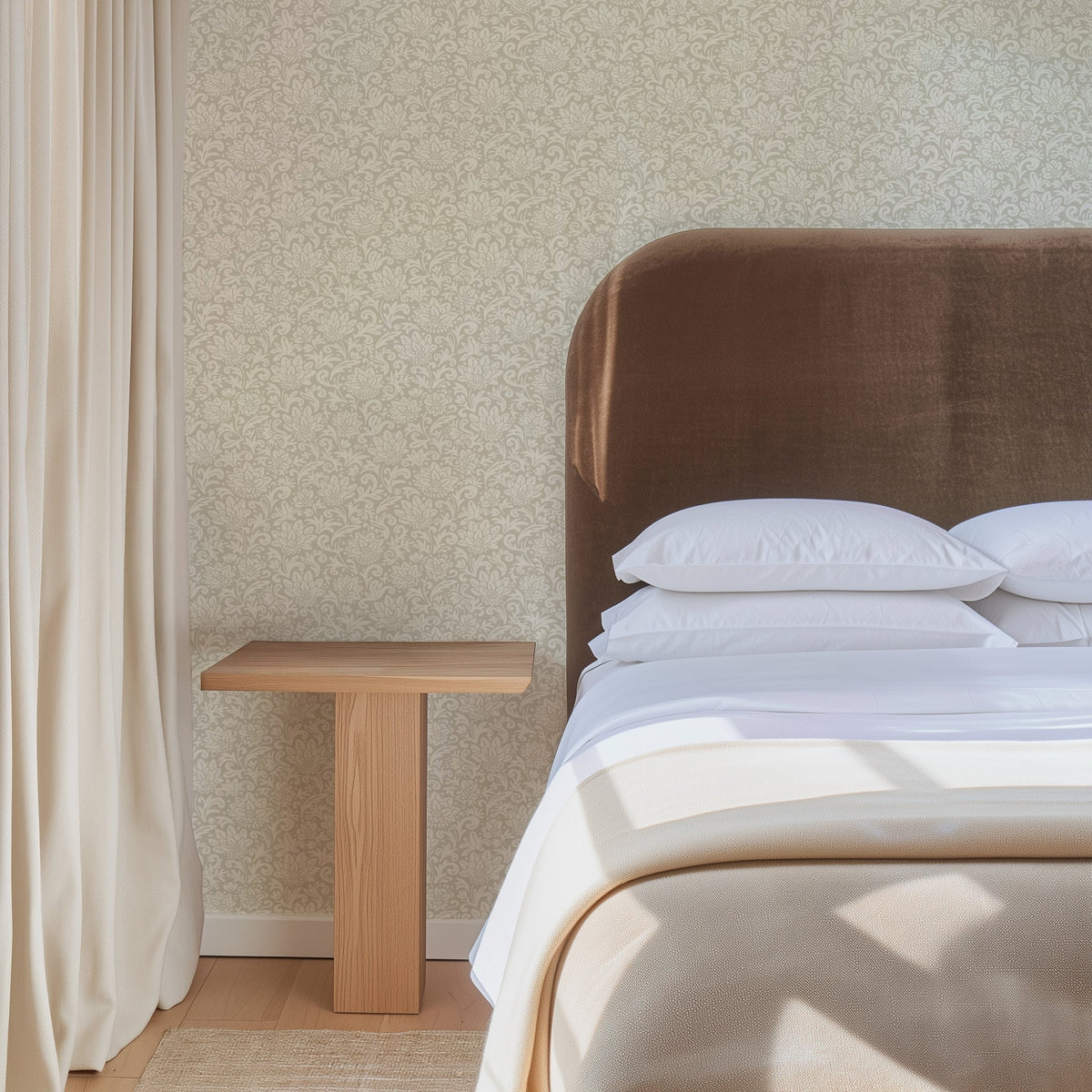 Minimalist bedroom with neutral botanical wallpaper