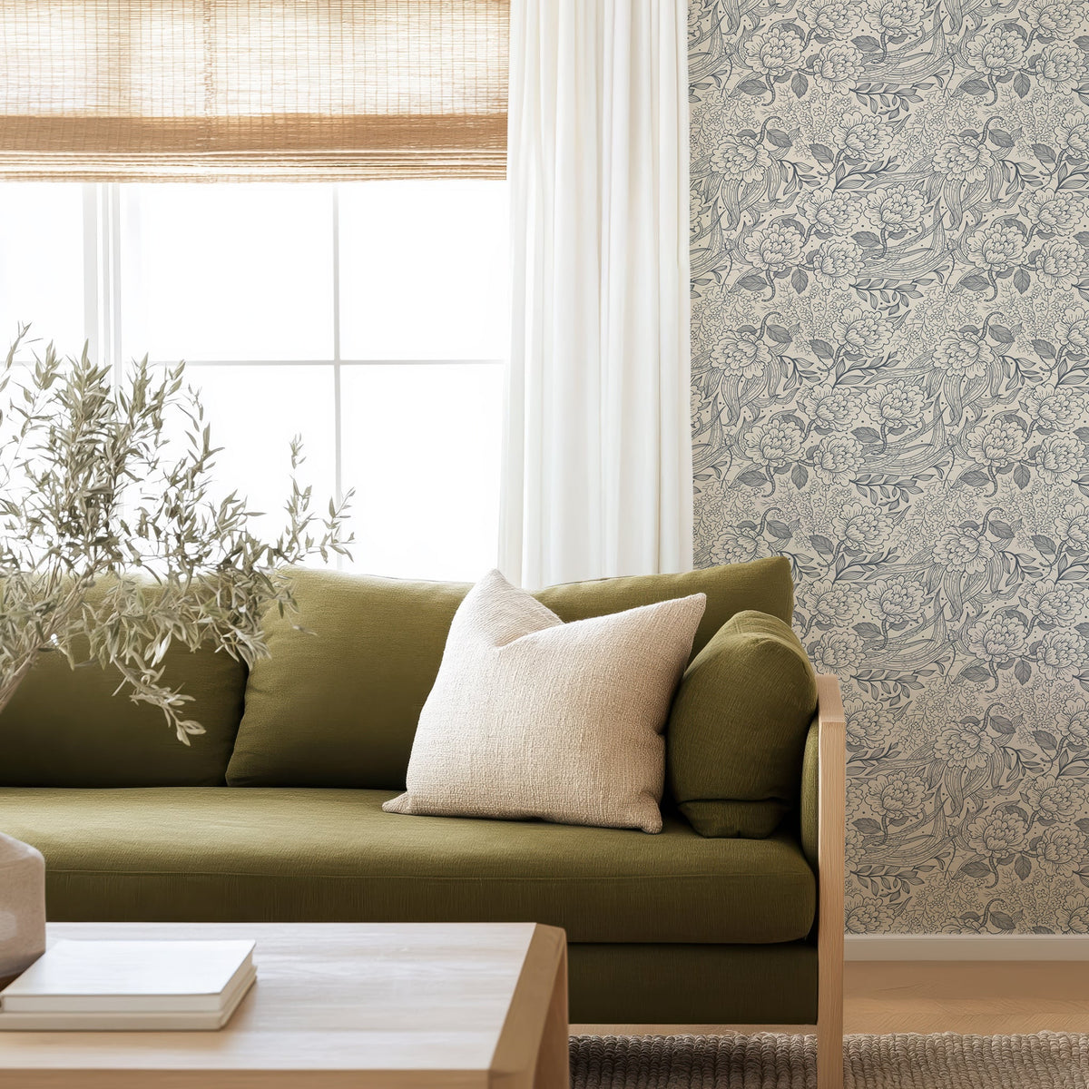 Editorial living room with architectural wallcovering
